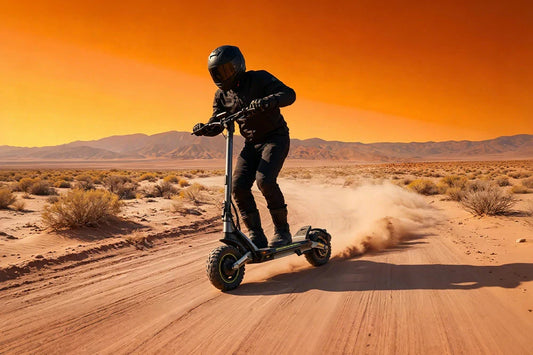 High-power electric scooter being ridden on arid desert dirt road with mountain backdrop