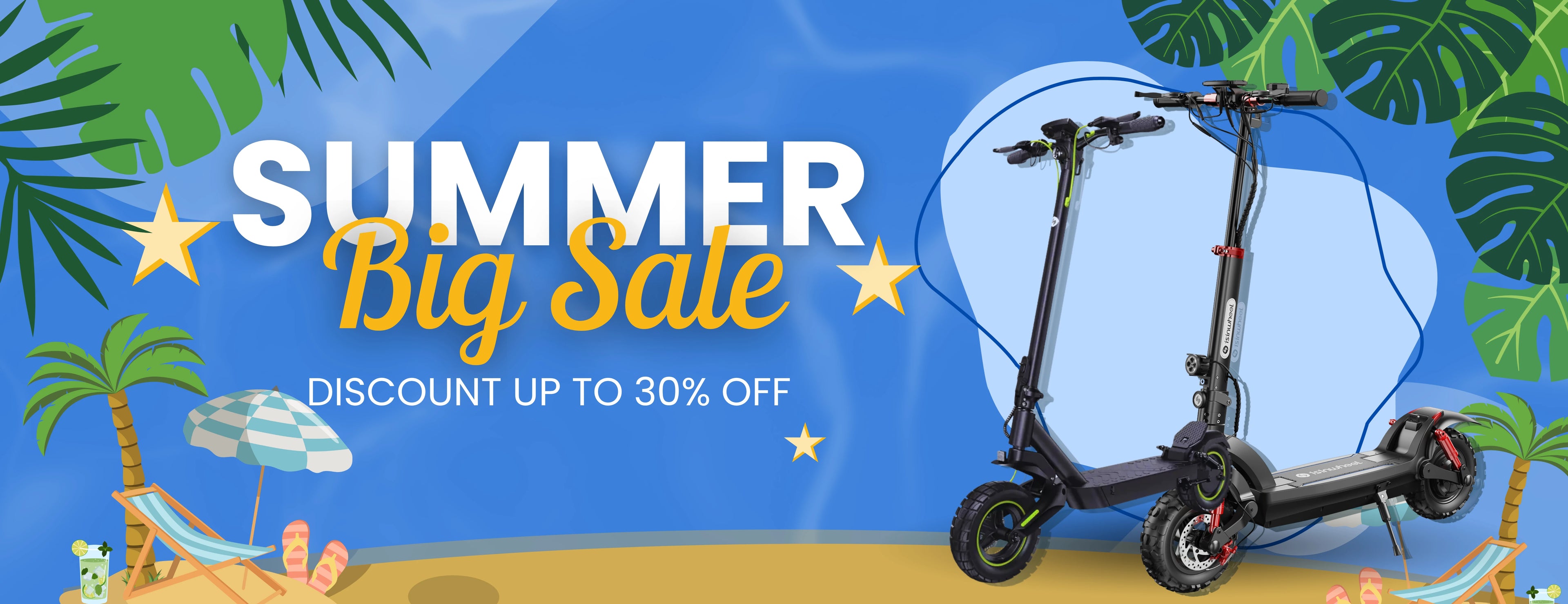 isinwheel GT2 & S10 Max electric scooter summer big sale banner, discount up to 30% off