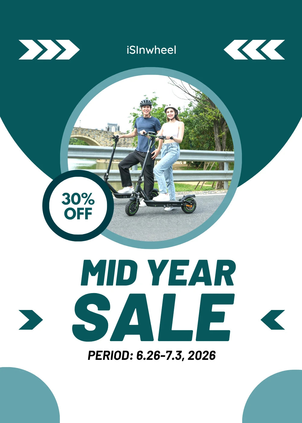 Vertical mid year sale poster of iSinwheel electric scooter, 30% OFF badge, male and female riders outdoor scene, event date June 26 to July 3 2026