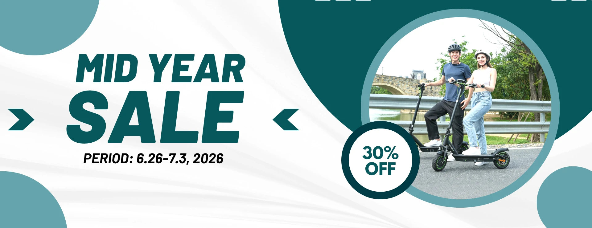 Mid Year Sale banner for iSinwheel foldable electric scooter, 30% off discount, couple riding e-scooter by riverside bridge, promotion period 6.26-7.3 2026